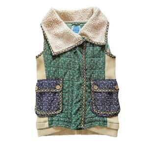 April May Quilted Floral Patchwork Japanese Inspired Vest Sherpa Collar Size XS
